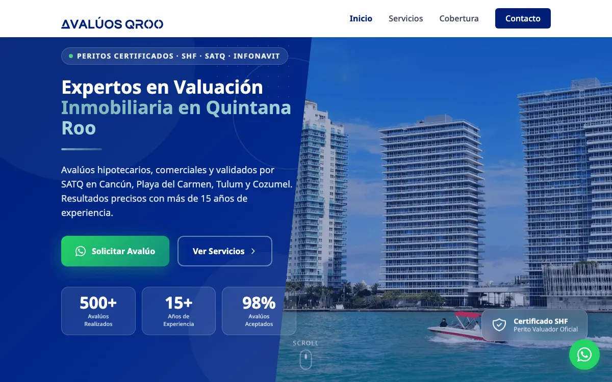 The Avalúos QROO site — "Expertos en Valuación Inmobiliaria en Quintana Roo" — waterfront towers