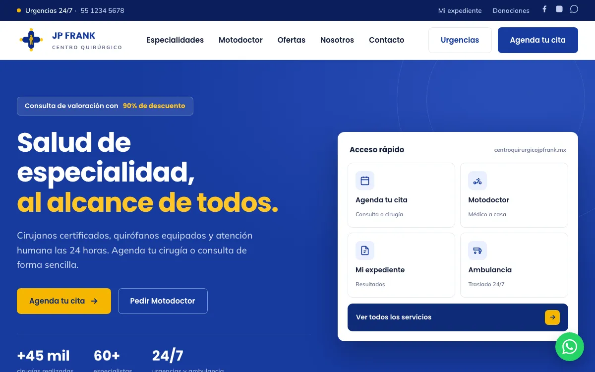 The JP Frank surgical center site — "Salud de especialidad, al alcance de todos" — with quick access to booking, Motodoctor and ambulance