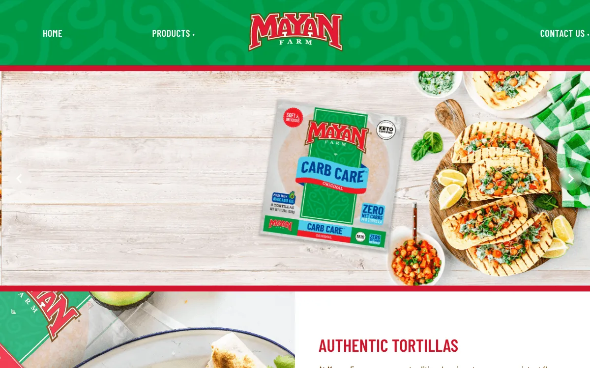 The Mayan Farm site — Carb Care tortillas and grilled tacos on a wooden board