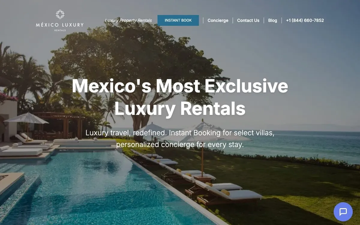 The México Luxury Rentals site — "Mexico's Most Exclusive Luxury Rentals" — a beachfront villa with an infinity pool