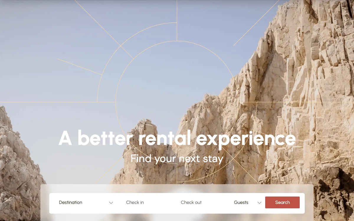 The Naya Homes site — "A better rental experience" — a booking search over a Los Cabos beach