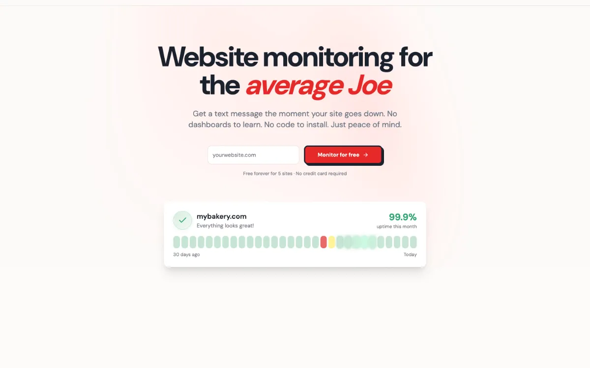 The OhSnap website — "Website monitoring for the average Joe" — with an uptime status card
