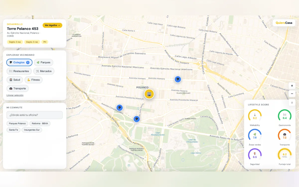 The Quierocasa explorer — a development in Polanco on a map with nearby schools, commute planning and a lifestyle score panel